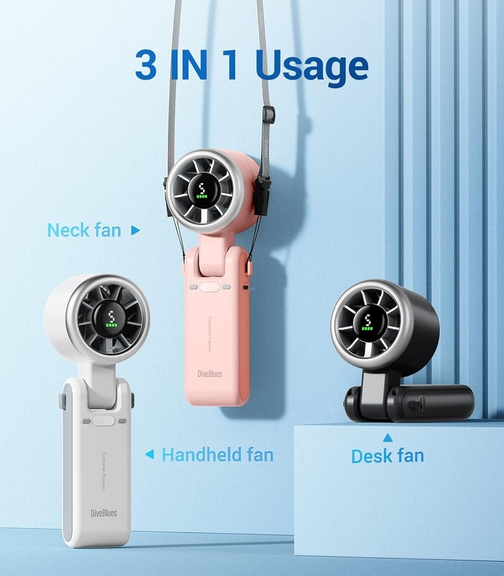 The Diveblues portable hand fan can be used in various ways. Get it on sale.