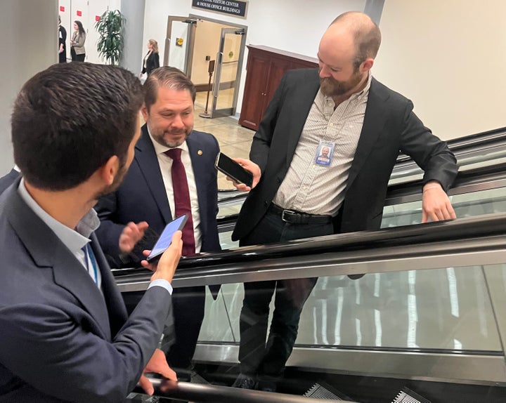 Sen. Ruben Gallego (D-Arizona) takes questions from two beards at the U.S. Capitol.