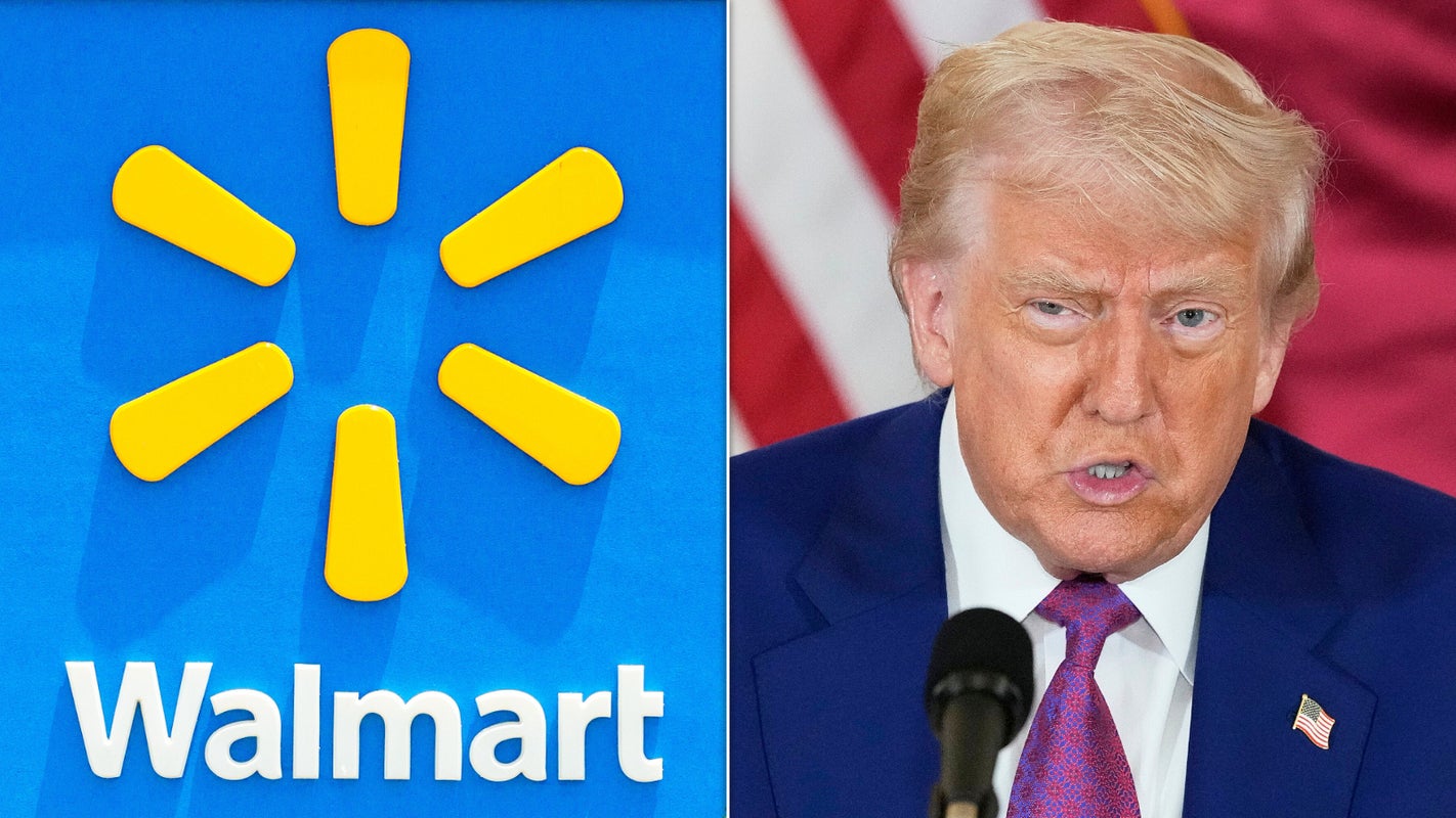 This photo illustration combines a photo of a  Walmart Supercenter in Austin, Texas (Photo by Brandon Bell/Getty Images) and a photo of Donald Trump (Photo by Alex Brandon/Associated Press).