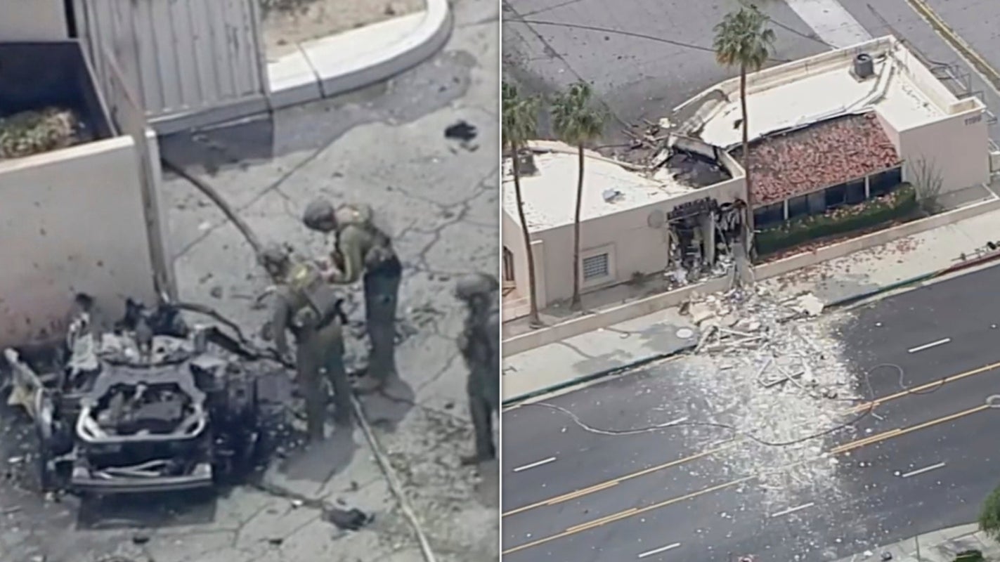 Law enforcement investigate a vehicle after an explosion on Saturday, May 17, 2025 in Palm Springs, Calif. (ABC7 Los Angeles via AP) Provider: Associated Press