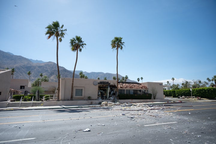 Debris is seen outside a damaged American Reproductive Centers fertility clinic after a bomb blast outside the building in Palm Springs, California, on May 17, 2025. A bomb blast outside a California fertility clinic killed one person Saturday, in what the US attorney general called an "unforgivable" attack. The blast ripped through downtown Palm Springs, badly damaging the clinic and blowing out the windows and doors of other nearby buildings. (Photo by Gabriel Osorio / AFP) (Photo by GABRIEL OSORIO/AFP via Getty Images)