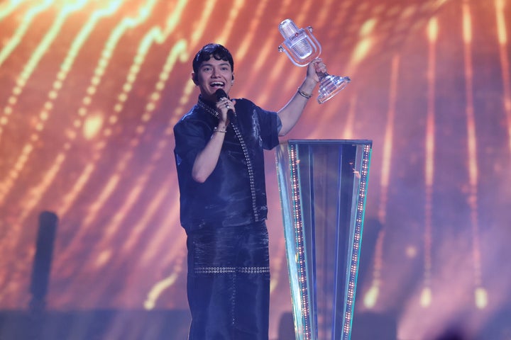 18 May 2025, Switzerland, Basel: JJ from Austria, winner of the Eurovision Song Contest, holds the trophy on stage during the grand final of the 69th Eurovision Song Contest (ESC 2025) at St. Jakobshalle. Photo: Jens Büttner/dpa (Photo by Jens Büttner/picture alliance via Getty Images)