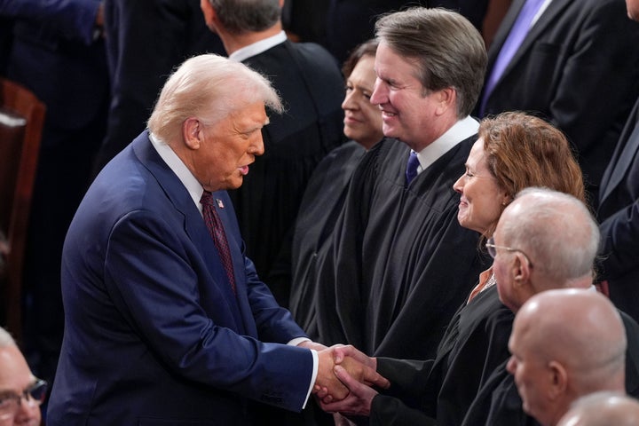 FILE - President Donald Trump, left, greets justices of the Supreme Court, from left, Elena Kagan, Brett Kavanaugh and Amy Coney Barrett, before addressing a joint session of Congress at the Capitol in Washington, March 4, 2025. (AP Photo/J. Scott Applewhite, File)