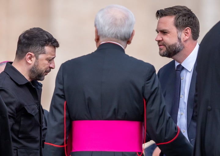 Ukrainian President Volodymyr Zelenskyy and U.S. Vice President JD Vance greet each other as they attend the opening mass of Pope Leo XIV's pontificate in St. Peter's Square at the Vatican, on May 18, 2025.