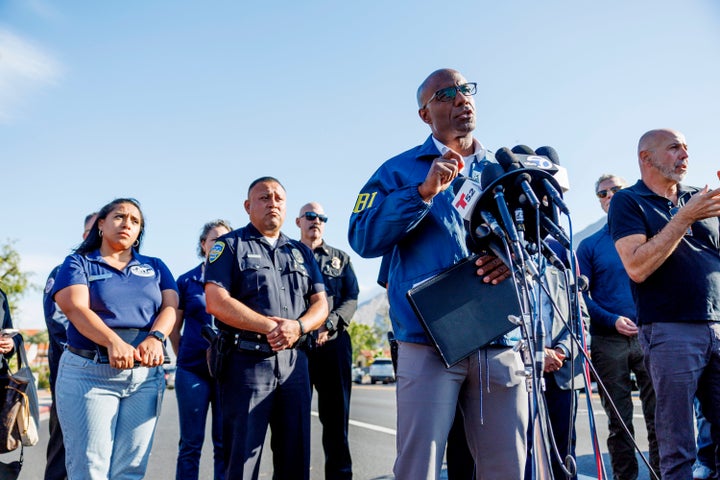 PALM SPRINGS, CA - MAY 17, 2025: FBI Assistant Director Akil Davis speaks during a press conference about a block away from the scene of an explosion at a fertility clinic on May 17, 2025 in Palm Springs, California. Davis called the explosion an intentional act of terrorism.(Gina Ferazzi / Los Angeles Times via Getty Images)