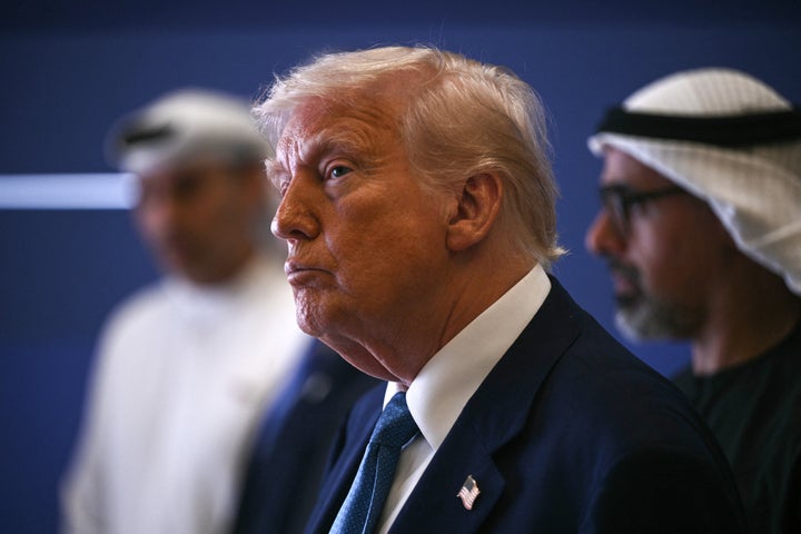 President Donald Trump and Abu Dhabi's Crown Prince Sheikh Khaled (R) attend a business forum in Abu Dhabi on May 16. The United Arab Emirates is the third leg of Trump's visit to the region, which has already taken him to Saudi Arabia and Qatar.