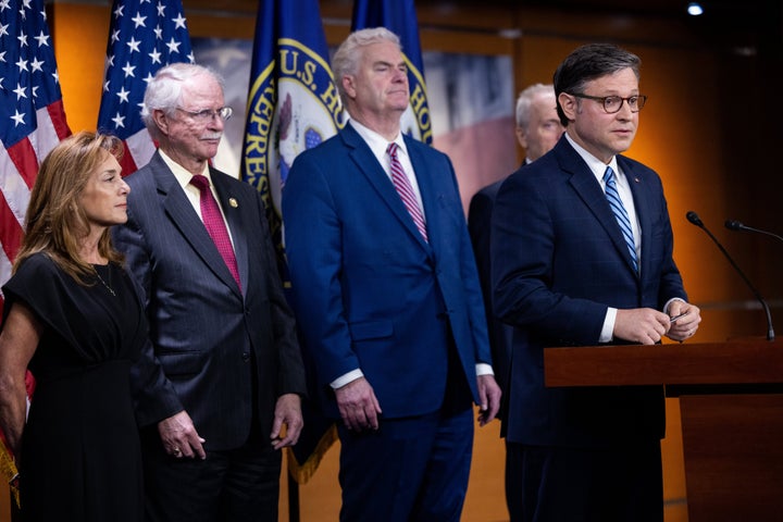 WASHINGTON, DC - MAY 14: Speaker of the House Mike Johnson (R-LA) speaks at a press conference with other members of House Republican leadership in Washington, DC on May 14, 2025. (Photo by Nathan Posner/Anadolu via Getty Images)