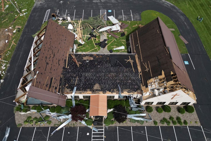 Redeemer Lutheran Church is damaged, on May 18, 2025, along Highway 27 in Somerset, Ky., after a severe storm passed through the area.