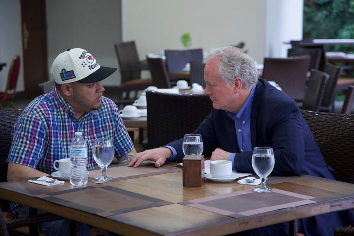Kilmar Abrego Garcia, left, is the only person known to see the outside of El Salvador's CECOT prison when he met Sen. Chris Van Hollen (D-Md.).