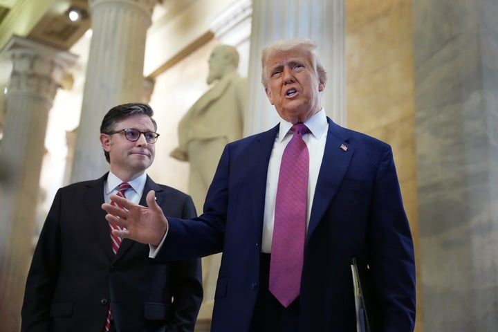 President Donald Trump arrives with Speaker of the House Mike Johnson (R-LA) for a House Republican meeting at the U.S. Capitol on May 20, 2025 in Washington, DC. (Photo by Kevin Dietsch/Getty Images)