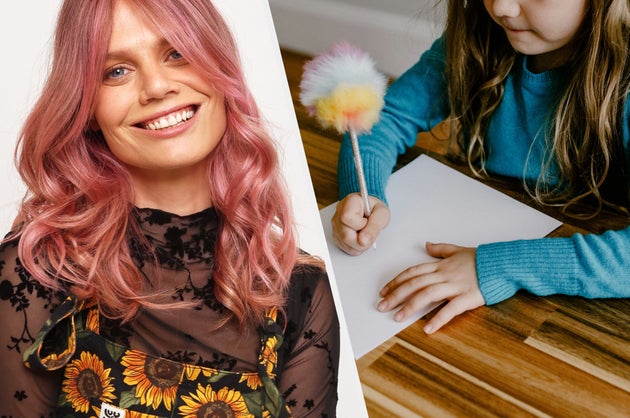 The author (left) and a girl writing (right)