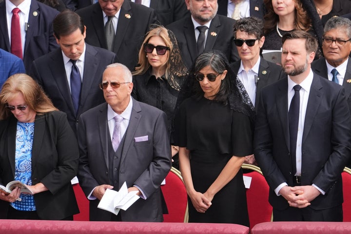 Louis Prevost, second from left, brother of Pope Leo XIV, and his wife, Deborah, next to second lady Usha Vance and Vice President JD Vance during Leo's inaugural Mass as pontiff.