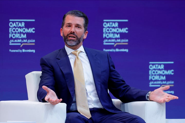 Donald Trump Jr. speaks during a session in the Qatar Economic Forum in Doha on May 21, 2025.