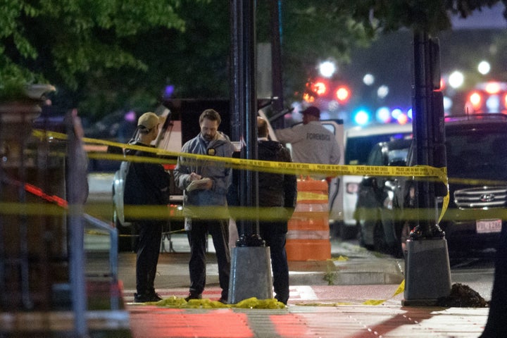 Law enforcement work the scene after two staff members of the Israeli Embassy in Washington were shot and killed outside the Capital Jewish Museum, on May 22, 2025, in Washington.