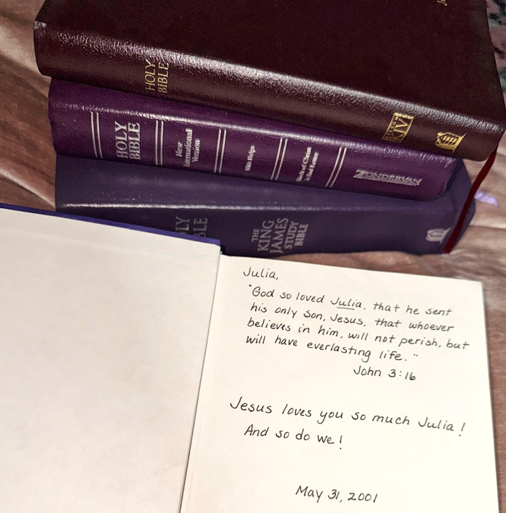 "This is the inscription inside one of the many Bibles I was gifted over the years," the author writes. "The inscribed Bible came from my Baptist afterschool that I attended from 2000-2002, and the others in the stack were all gifted to me from various churches and evangelical organizations."