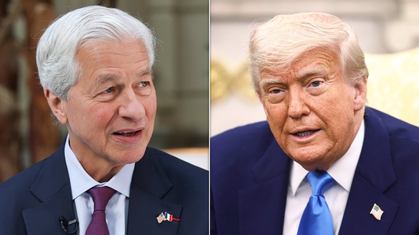 Photo Illustration: Photo of JPMorgan Chase CEO Jamie Dimon by Cyril Marcilhacy/Bloomberg via Getty Images; Photo of Donald Trump by Jim Lo Scalzo/EPA/Bloomberg via Getty Images