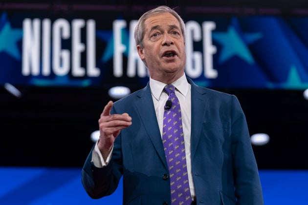 Nigel Farage speaks at the Conservative Political Action Conference, CPAC, at the Gaylord National Resort & Convention Center, Thursday, Feb. 20, 2025.