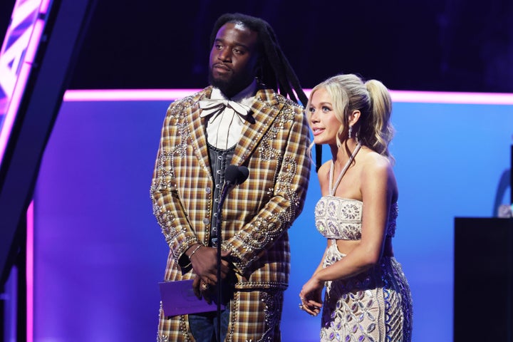 Shaboozey and Megan Moroney on stage at the 2025 American Music Awards held at the Fontainebleau Las Vegas on May 26 in Las Vegas, Nevada.