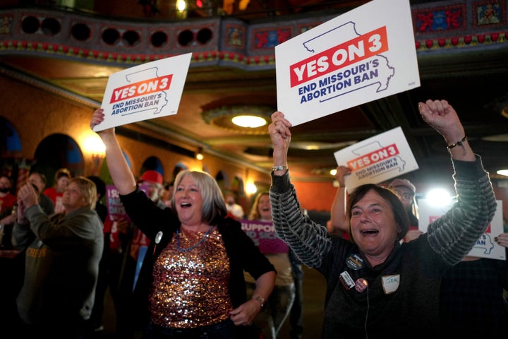 People at an election night watch party react after the abortion rights amendment passed in Missouri last November.