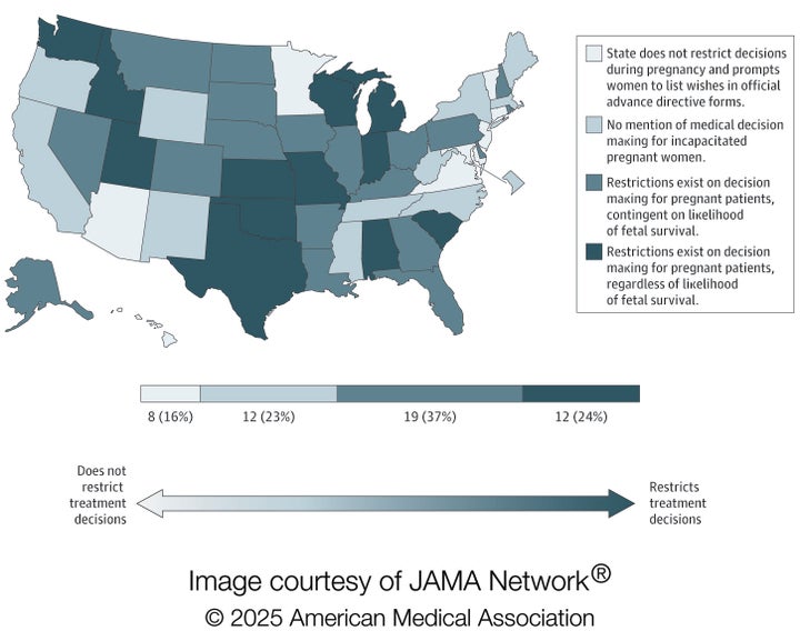 A map outlining the states that restrict treatment decision-making for pregnant people in end-of-life care situations.