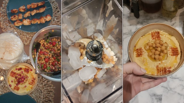 Hummus dengan kebab dan salad di kiri: es di blender di tengah: hummus sendiri di sebelah kanan