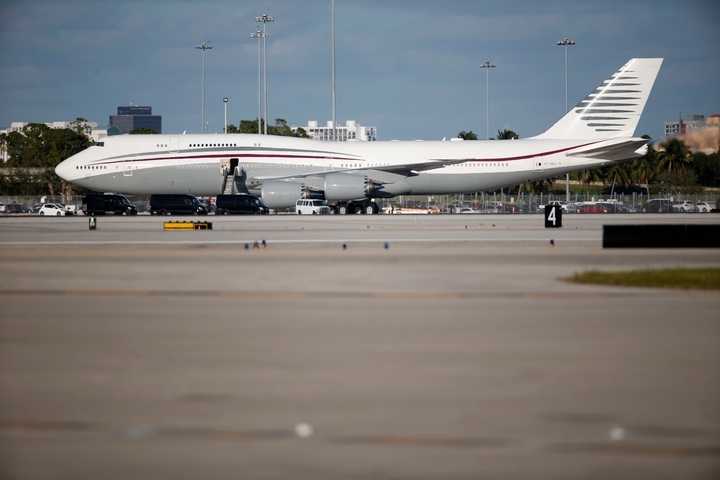A Qatar Amiri Flight Boeing 747 sits on the tarmac at Palm Beach International Airport in West Palm Beach, Florida, Friday, Feb. 10, 2017.