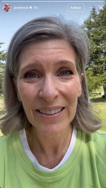 This screenshot shows Sen. Joni Ernst in an Instagram Story posted on May 31, 2025, where she doubled down on comments she made during a town hall in Parkersburg, Iowa.