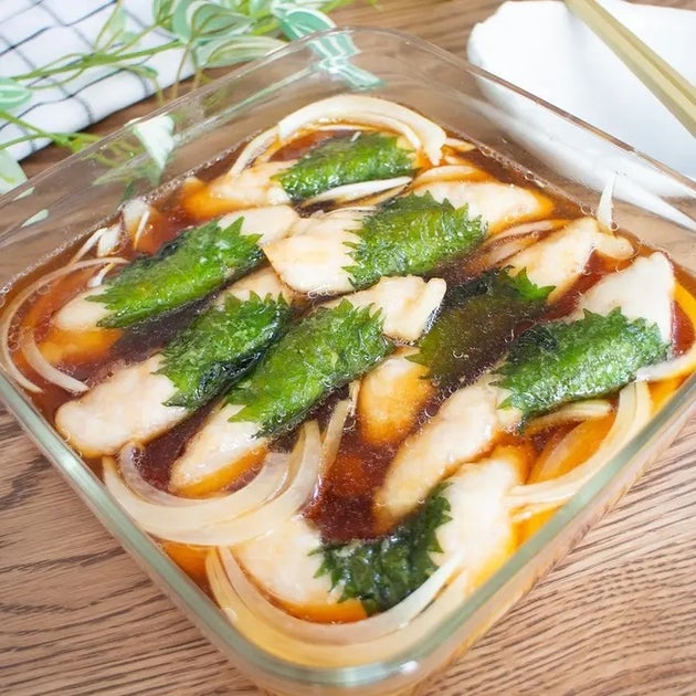 「鶏ささみとなすのピリ辛だれ漬け」