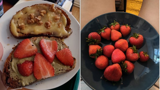 Strawberries on pistachio cream on the left; on their own in a bowl on the right