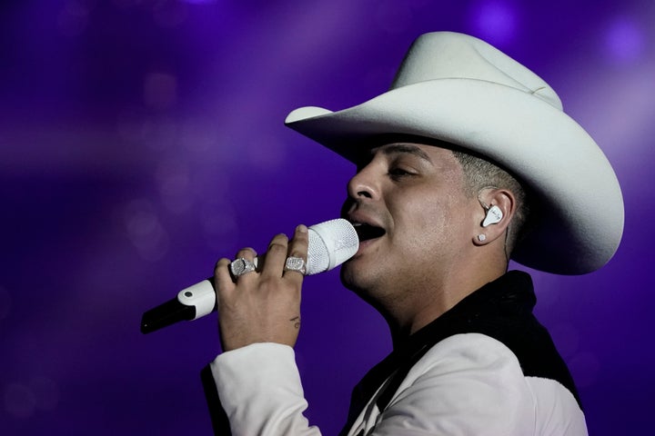 Vocalist Eduin Caz of the Mexican regional band Grupo Firme performs during a free concert in Mexico City's main square, the Zocalo, Sunday, Sept. 25, 2022. (AP Photo/Eduardo Verdugo)