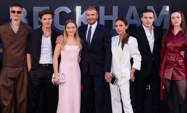 Romeo, Cruz Beckham, Harper, David and Victoria with Brooklyn and Nicola Peltz Beckham at the premiere of David's Netflix documentary in 2023