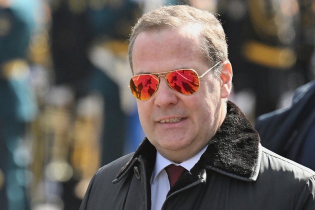 Russian Security Council Deputy Chairman and the head of the United Russia party Dmitry Medvedev attends the Victory Day military parade in Moscow, Russia, Friday, May 9, 2025.