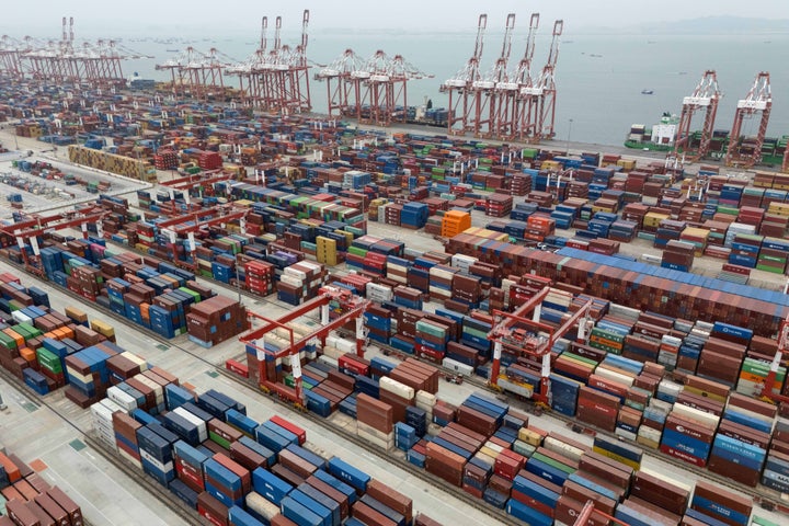 Shipping containers are seen ready for transport at the Guangzhou Port in the Nansha district in southern China's Guangdong province, April 17, 2025. (AP Photo/Ng Han Guan, File)