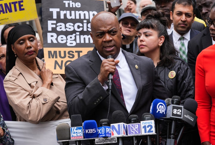 Newark Mayor Ras Baraka speaks to the press after his arrest outside an Immigration and Customs Enforcement facility on May 15, 2025.