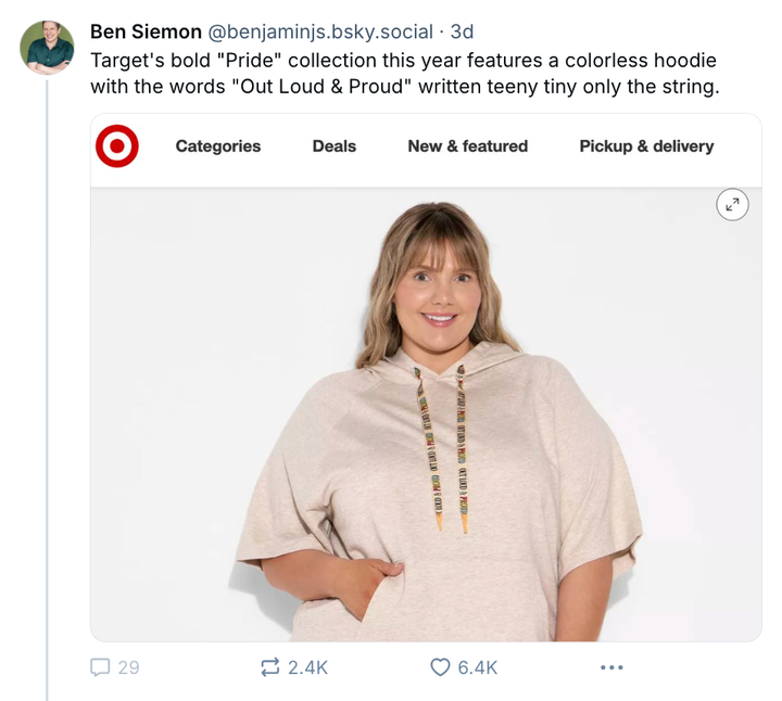 Over the weekend, Ben Siemon shared a Bluesky post showing some of Target's bland Pride merch.