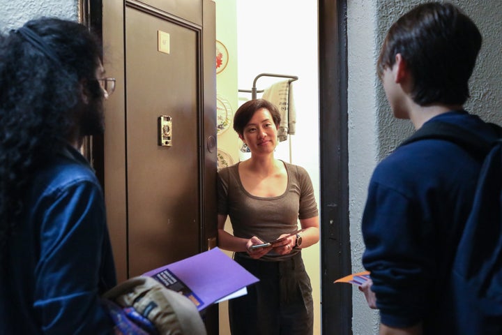 Zohran Mamdani canvassers Dylan Halper and Mohit Sani speak with an Upper East Side resident on May 21, 2025.