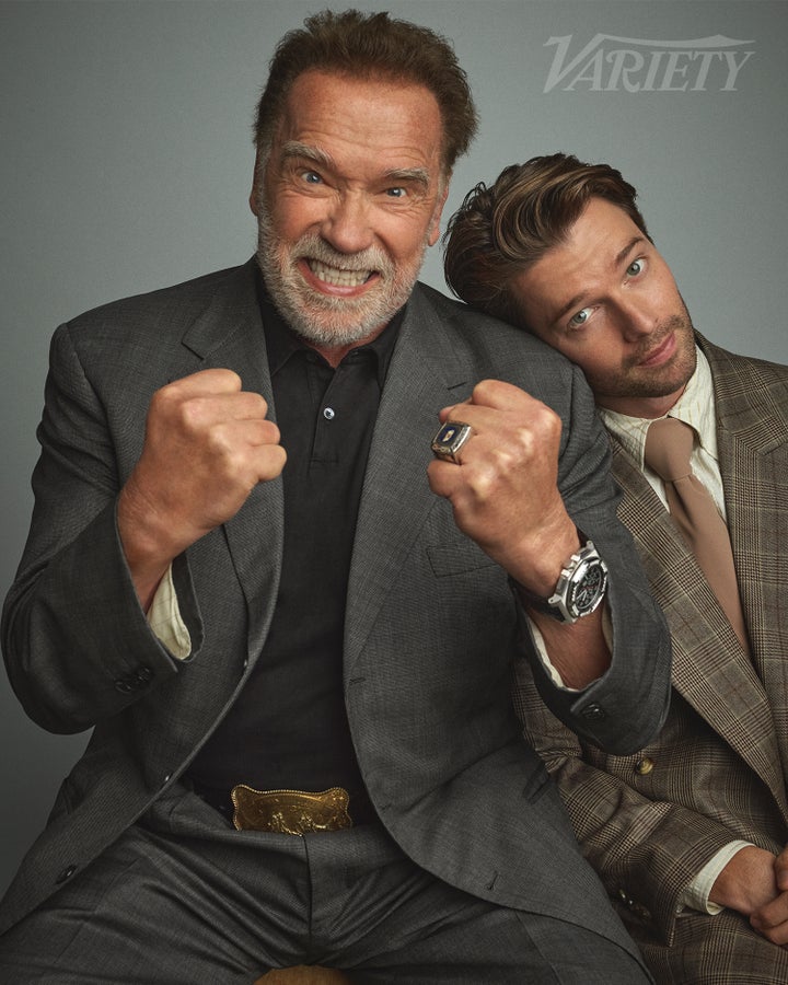 The action hero and the rising star got a laugh while talking about Patrick Schwarzenegger's scandalous nude scenes from this past season of "The White Lotus."
