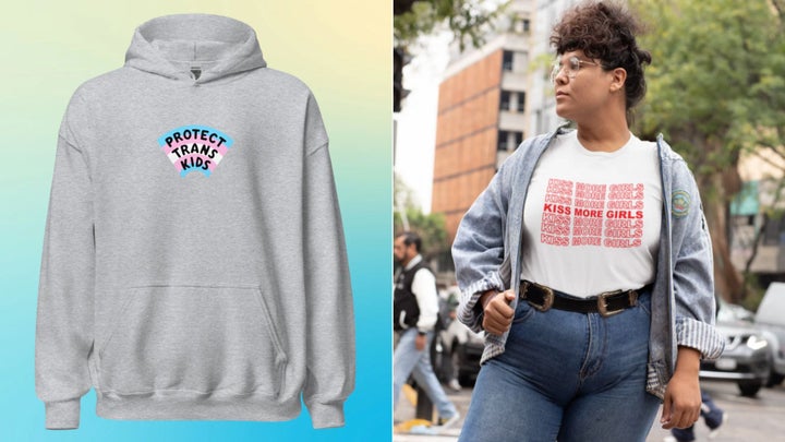 Meg Emiko Lee Art's "Protect Trans Kids" sweatshirt and queerly.designs' "Kiss More Girls" T-shirt.