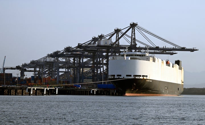 Liberian flagged Morning Midas vehicles carrier is pictured at the Lazaro Cardenas Cargo Port, Michoacan State, Mexico on April 25, 2025. (Photo by Alfredo ESTRELLA / AFP) (Photo by ALFREDO ESTRELLA/AFP via Getty Images)