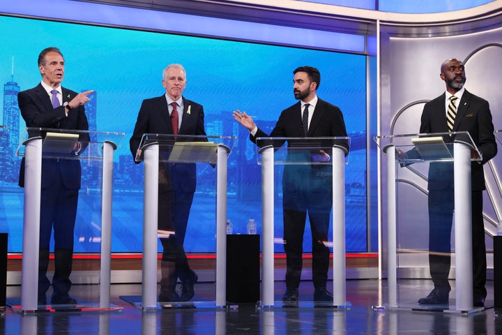 Mamdani (second from right) has consistently ranked second in the polls, following behind former Gov. Andrew Cuomo (far left). Four of the mayoral candidates are seen during Wednesday night’s debate.
