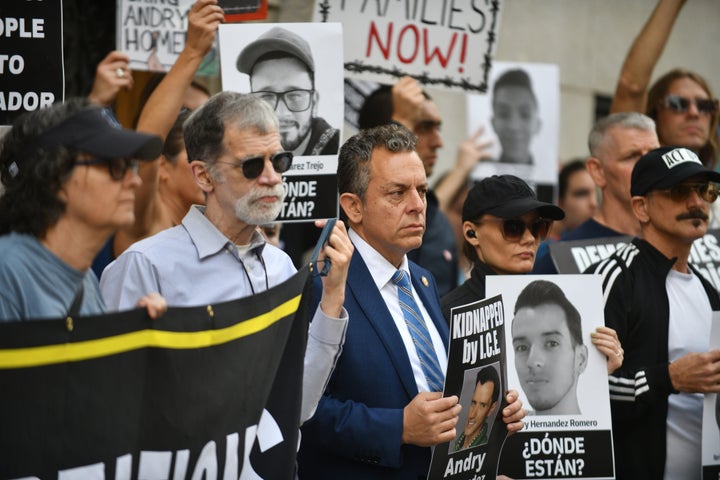 State Assembly member Tony Simone, center, joins other protesters during a rally at the Permanent Mission of El Salvador in Manhattan, New York, NY, April 24, 2025, for Andry José Hernández Romero and other immigrants who were sent by the Trump Administration to El Salvador's CECOT prison.