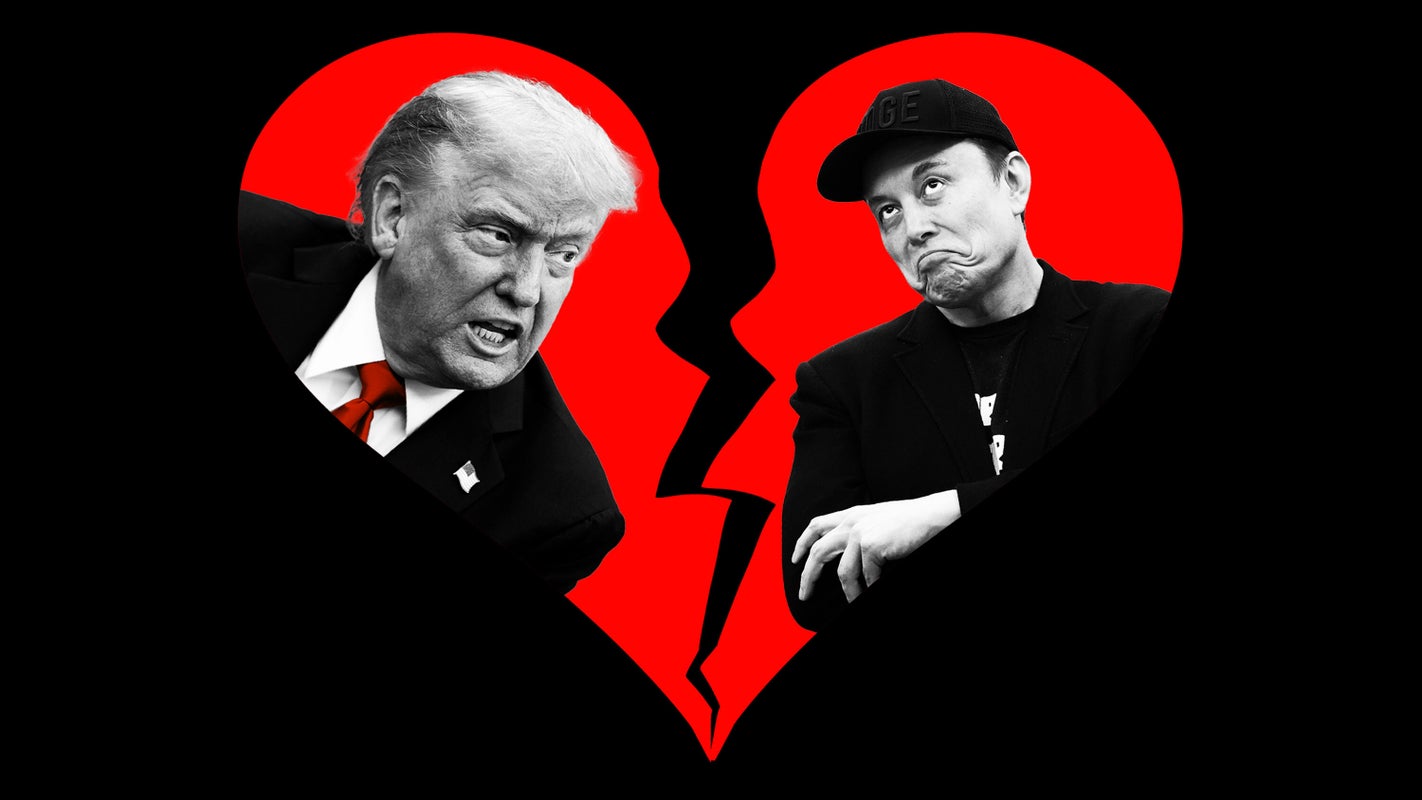Donald Trump and Elon Musk within a broken heart shape
