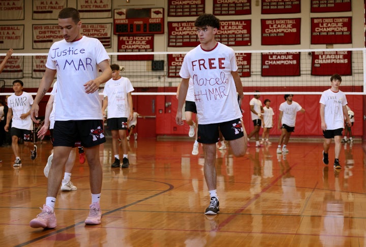 Milford players wore t-shirts in support of their missing teammate Marcelo Gomes Da Silva during their Division 1 second-round playoff game against Taunton on June 3, 2025. (Photo by Jessica Rinaldi/The Boston Globe via Getty Images)