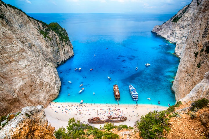 The beach of Navagio with an old shipwreck is one of the main tourism spots of Zakynthos island in Greece.