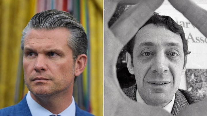 Former Navy Adm. James Stavridis says he disagrees with Defense Secretary Pete Hegseth, left, ordering the Navy to rename a ship honoring Harvey Milk, right.