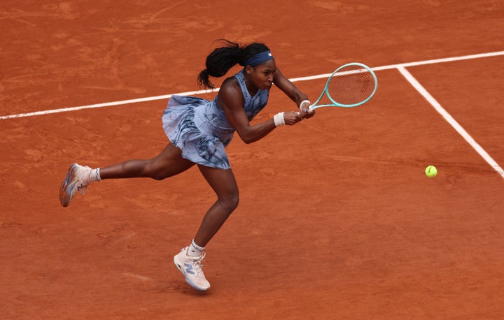 Coco Gauff of United States plays a backhand against Aryna Sabalenka during the Women's Singles Final match on Day Fourteen of the 2025 French Open at Roland Garros on June 07, 2025 in Paris, France. (Photo by Adam Pretty/Getty Images)