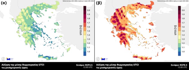 Αύξηση της μέσης θερμοκρασίας UTCI τις μεσημεριανές ώρες, σύμφωνα με τα σενάρια (α) RCP4.5 και (β) RCP8.5. 