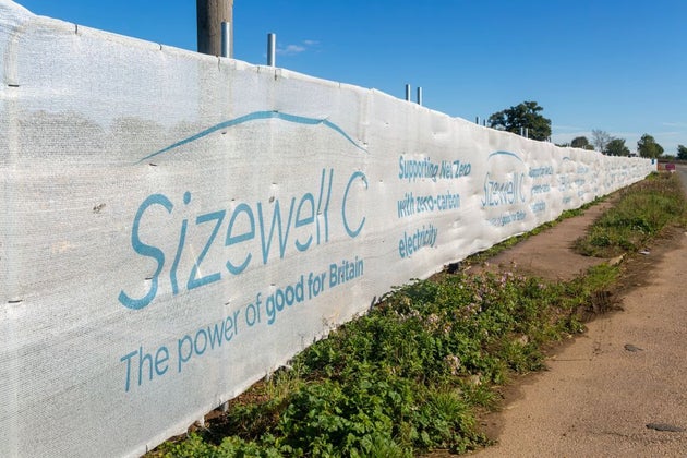 Sizewell C power station construction site screen for staff park and ride site, Wickham Market, Suffolk, England, UK. (Photo by: Geography Photos/Universal Images Group via Getty Images)