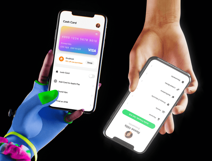 Two 3D-designed hands with phones.