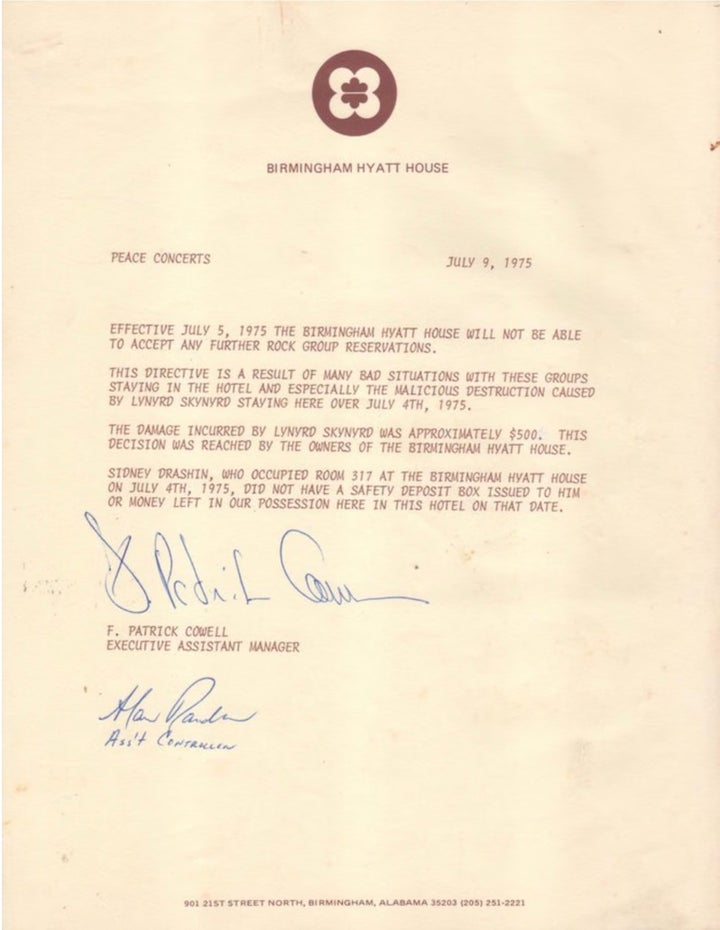 The "malicious destruction" letter from the Birmingham Hyatt House regarding Lynyrd Skynyrd's “stay” there.